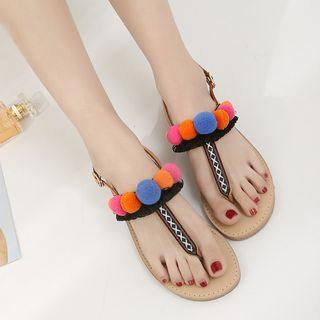 Embroidered Genuine-leather Flat Sandals