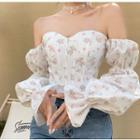 Long-sleeve Off-shoulder Floral Print Corset Top