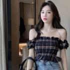 Plaid Ruffle Trim Off-shoulder Cropped Top As Shown In Figure - One Size