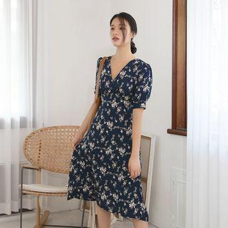 Wrap-front Floral Print Midi Dress Navy Blue - One Size