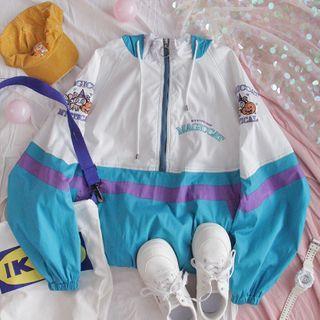 Color Block Hood Jacket As Shown In Figure - One Size