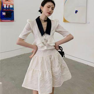 Short-sleeve Ruffle Blouse / A-line Skirt