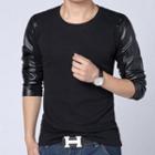 Faux-leather Panel Round-neck T-shirt