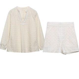 Long-sleeve V-neck Embroidered Blouse / Shorts