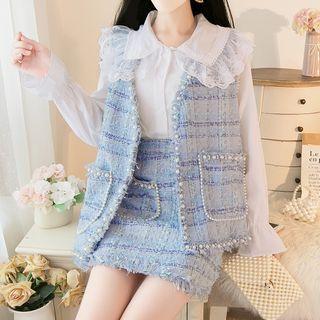 Tweed Button-up Vest / Shorts / Blouse / Set