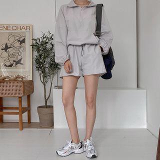 Set: Zip-front Drawstring-hem Top + Sweat Shorts