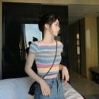 Color-block Slim-fit Short-sleeve Cropped Top As Figure - One Size
