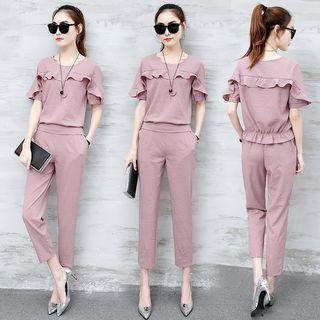 Set: Frill Trim Short-sleeve Top + Cropped Pants