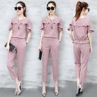 Set: Frill Trim Short-sleeve Top + Cropped Pants
