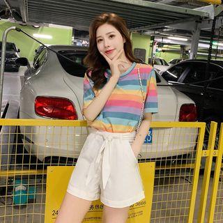 Set: Striped Short-sleeve T-shirt + Tie-waist Shorts