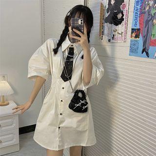 Elbow-sleeve Mini Shirtdress Off-white - One Size