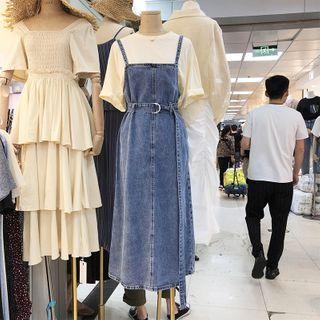Denim Slit Midi Pinafore Dress