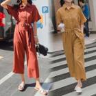 Elbow-sleeve Wide-leg Cropped Cargo Jumpsuit