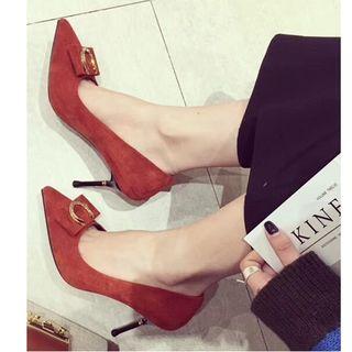 Buckled High-heel Faux Suede Pumps