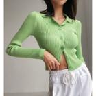 Collared Button-down Cropped Light Knit Top In 6 Colors