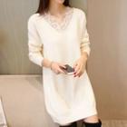 Lace Trim V-neck Long Sleeve Knit Dress