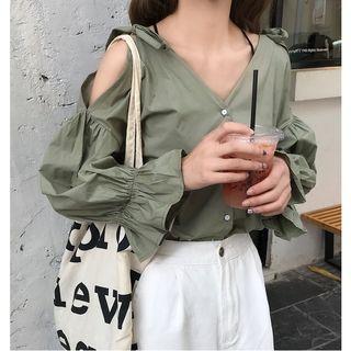 V-neck Cold-shoulder Blouse / Wide-leg Pants