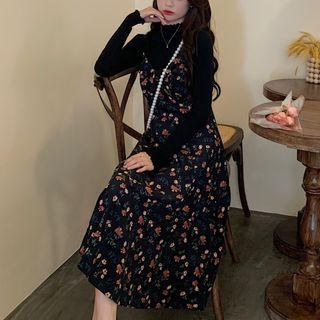 Set: Mock-neck Knit Top + Floral Print Overall Dress