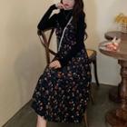 Set: Mock-neck Knit Top + Floral Print Overall Dress