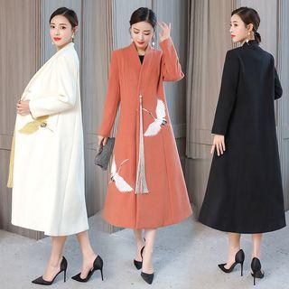 Crane Embroidered Snap-button Midi Coat