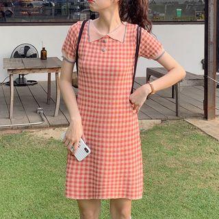 Plaid Short-sleeve Knit Polo Dress