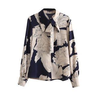 Floral Print Asymmetrical Tie-neck Shirt