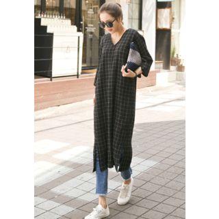 V-neck Checked Midi Dress