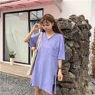 V-neck Elbow-sleeve Slit-side Long T-shirt