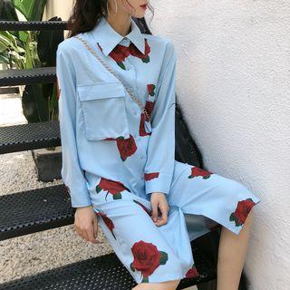 Floral Print Long-sleeve Loose-fit Shirtdress Blue - One Size