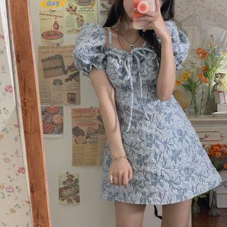 Short-sleeve Floral Print Mini Dress Gray - One Size