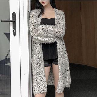 Melange Open Front Long Cardigan / Strapless Peplum Top