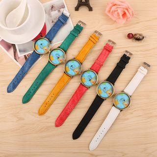 World Map Print Strap Watch With Aeroplane Second Hand