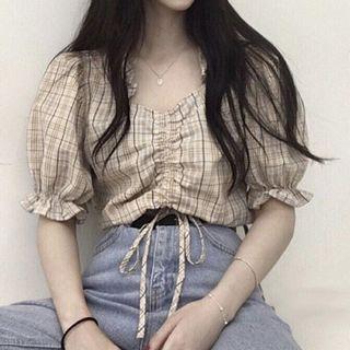 Puff-sleeve Drawstring Check Cropped Blouse Check - Yellow - One Size
