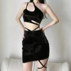 Set: One-shoulder Asymmetrical Cropped Camisole + Mini Pencil Skirt