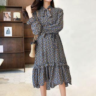 Bow Accent Printed Long-sleeve Dress