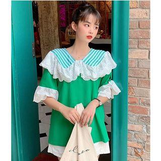 Elbow-sleeve Striped Trim Perforated Paneled Top
