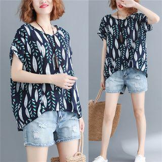 Short-sleeve Crew-neck Leaf Top