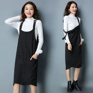 Set: Mock Neck Long Sleeve Knit Top + Plain Midi Pinafore Dress