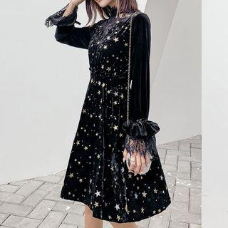 Long-sleeve Star Pattern Velvet A-line Dress