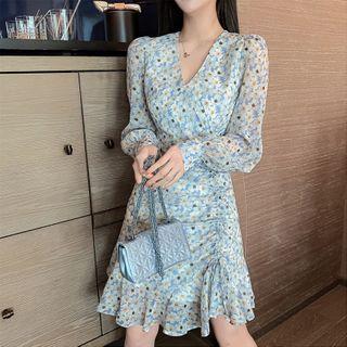 Long-sleeve Ruched Ruffled Dress