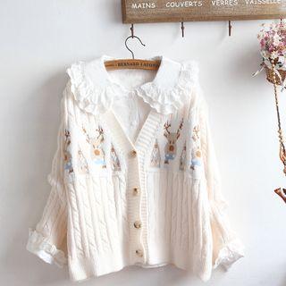 Reindeer Jacquard Cardigan / Ruffle Trim Blouse / Set