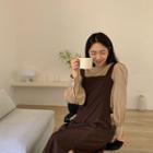 Set: Bishop-sleeve Silky Blouse + Long Pinafore Dress