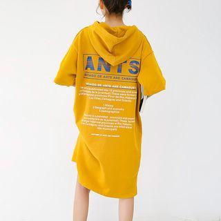 Lettering Elbow-sleeve Hoodie Dress