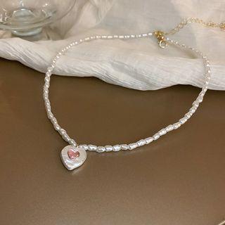 Heart Faux Pearl Rhinestone Pendant Choker 1pc - White & Pink - One Size