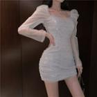 Long-sleeve Mesh Panel Glittered Mini Dress