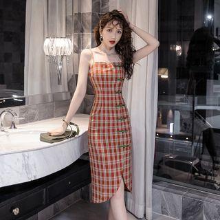 Spaghetti Strap Plaid Qipao Dress