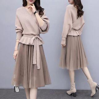 Set: Tie-waist Sweater + Midi A-line Skirt