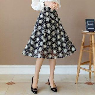 Zip-back Embroidered Flare Skirt