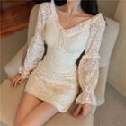 Long-sleeve Mini Lace Sheath Dress Almond - One Size