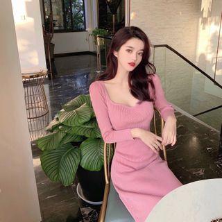 Square-neck Plain Knit Dress As Shown In Figure - One Size
